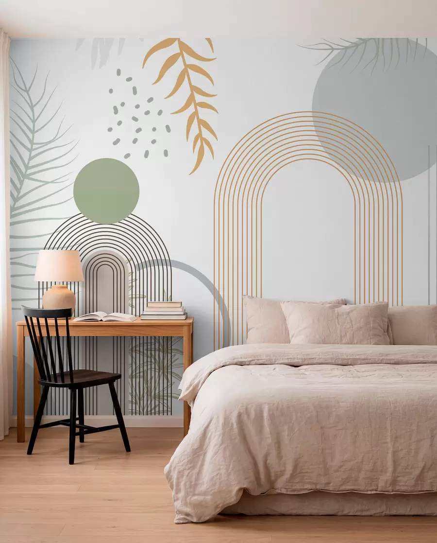 Murale Impression abstraite avec des formes géométriques, des arcs et des feuilles tropicales sur fond blanc w08835