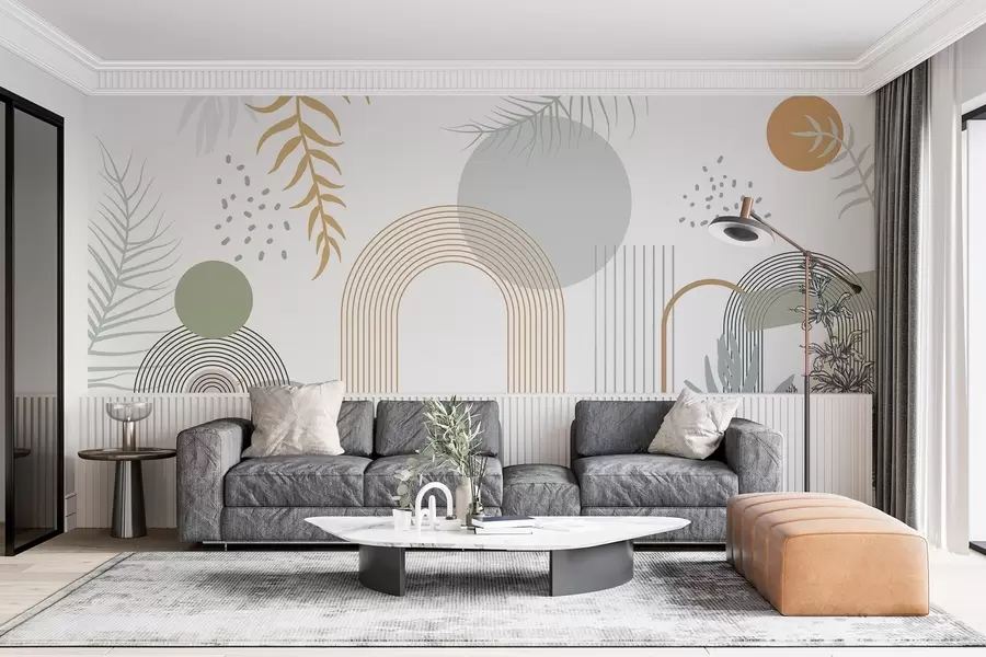 Fototapete Abstrakter Druck mit geometrischen Formen, Bögen und tropischen Blättern auf weißem Hintergrund w08835