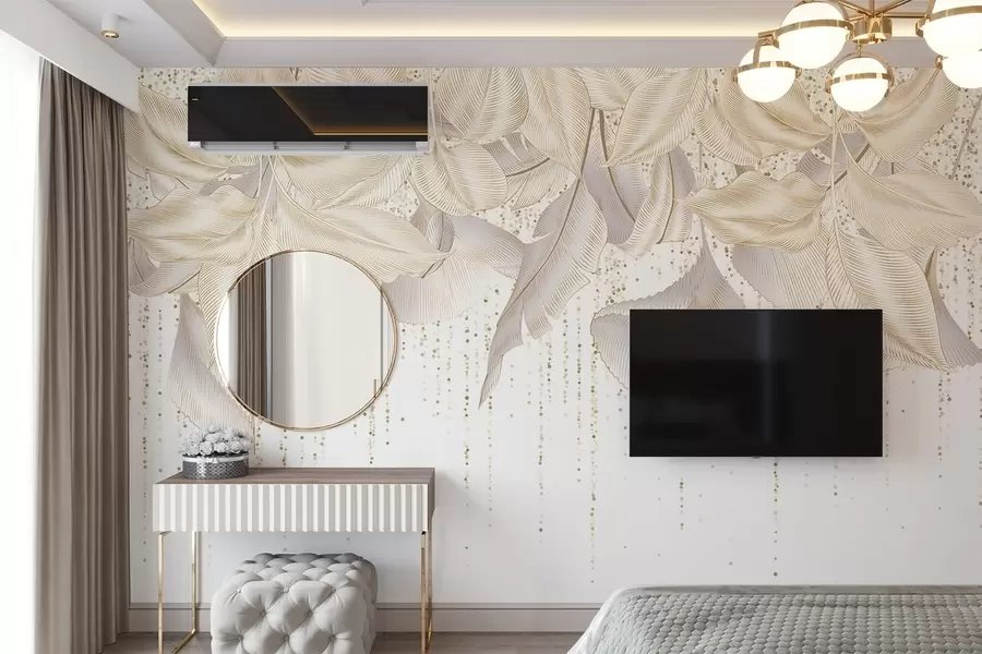 fototapeter Hvid, detaljeret tekstur med tropiske blade og gule prikker på en hvid baggrund w08836