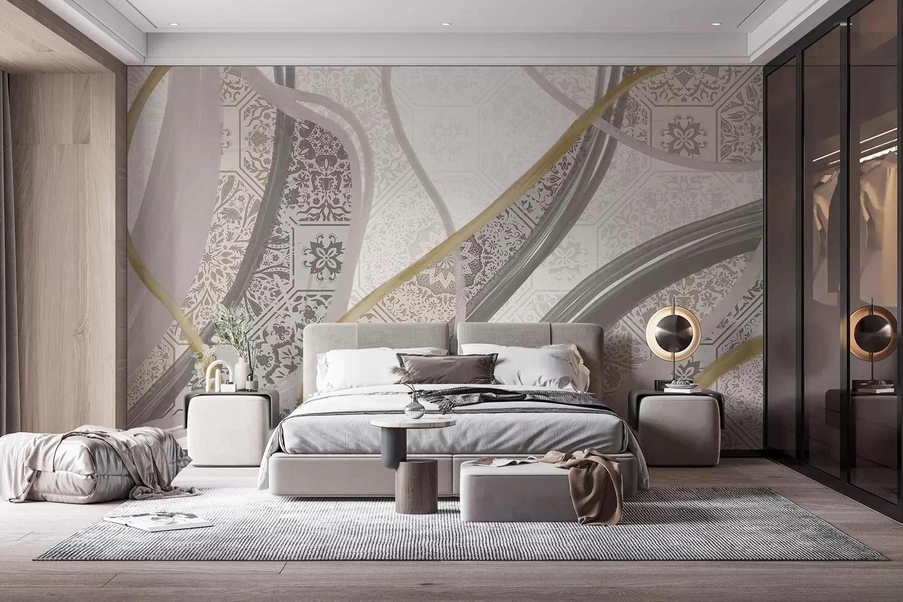 fototapeter Abstrakt maleri med geometriske mønstre og buede linjer i beige, grå og gule farver w08837