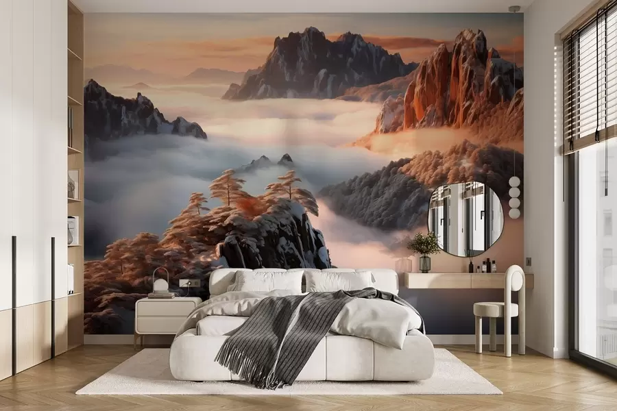 Fototapete Charmante Berglandschaft mit Nebel und Bäumen w08807