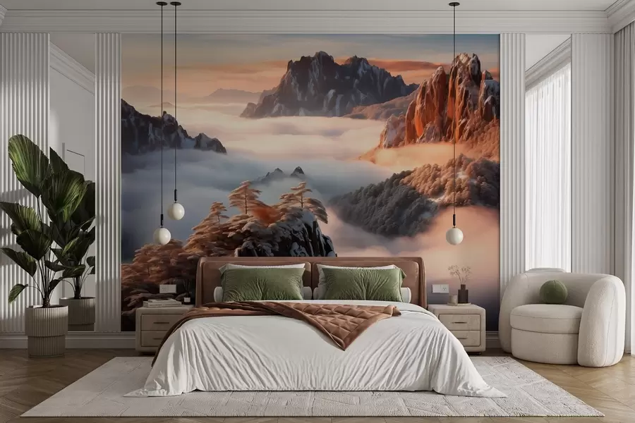 Murale Charmant paysage de montagne avec brume et arbres w08807