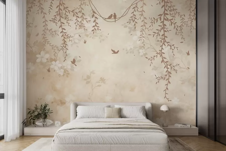 Murale Oiseaux avec plantes suspendues et motif floral dans les tons beige-crème clair w08809