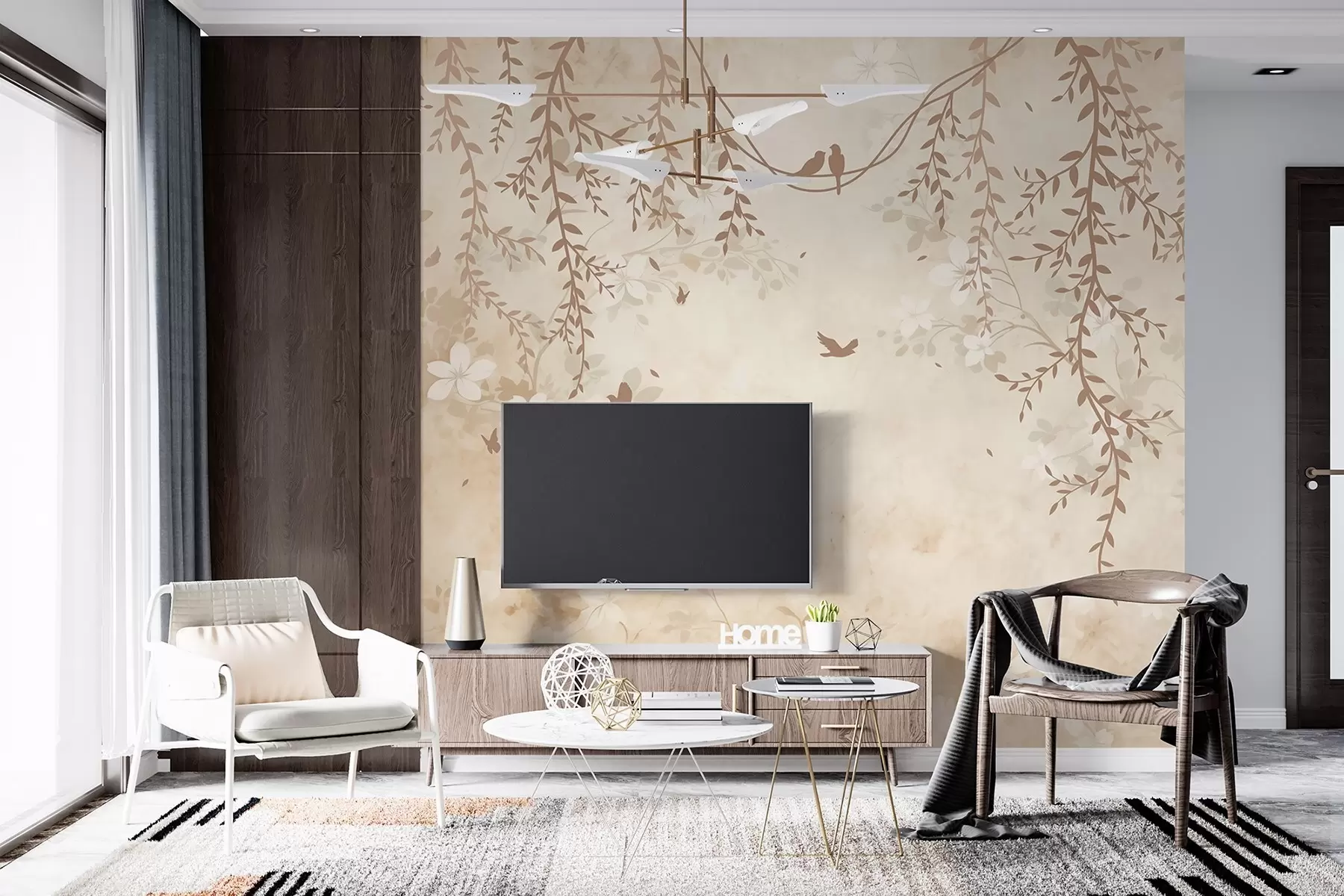 fototapeter Fugle med hængende planter og et blomstermønster i lyse beige-creme-toner w08809