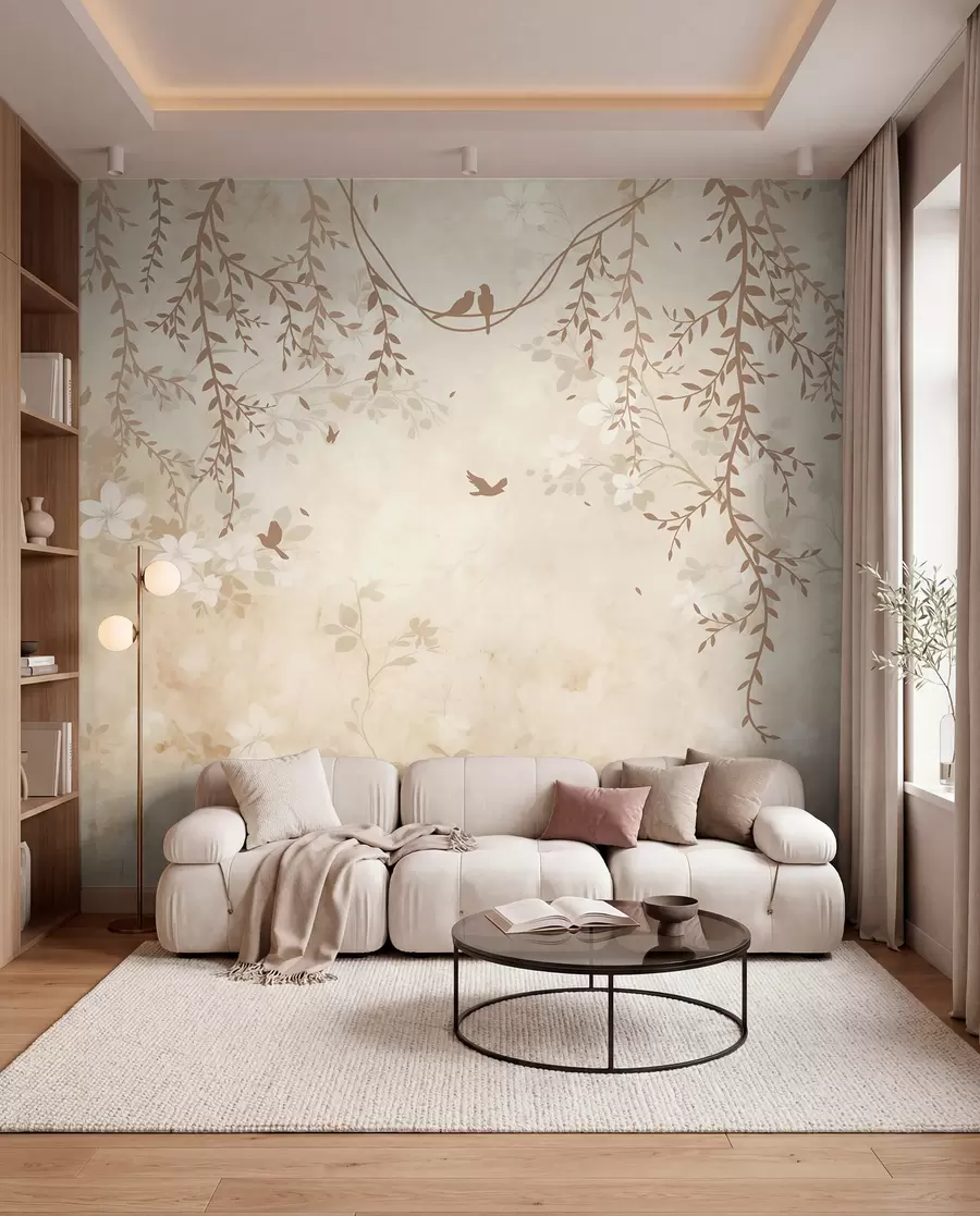 fototapeter Fugle med hængende planter og et blomstermønster i lyse beige-creme-toner w08809
