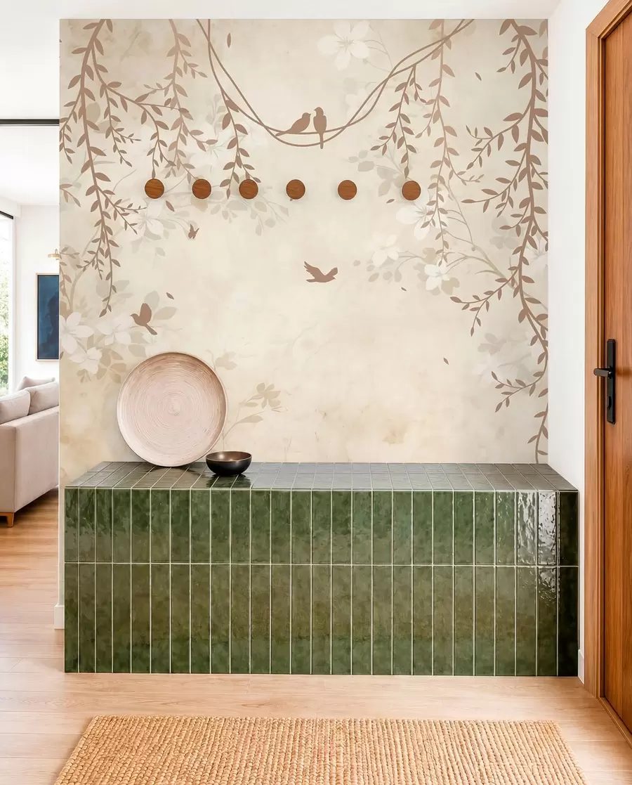 fototapeter Fugle med hængende planter og et blomstermønster i lyse beige-creme-toner w08809