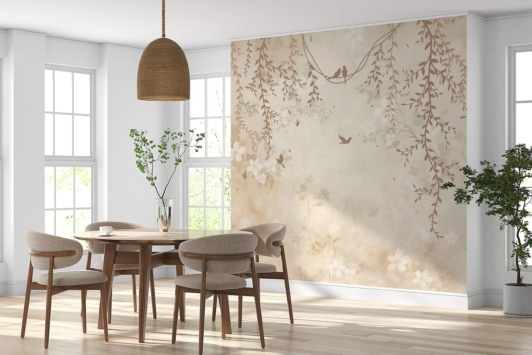 fototapeter Fugle med hængende planter og et blomstermønster i lyse beige-creme-toner w08809