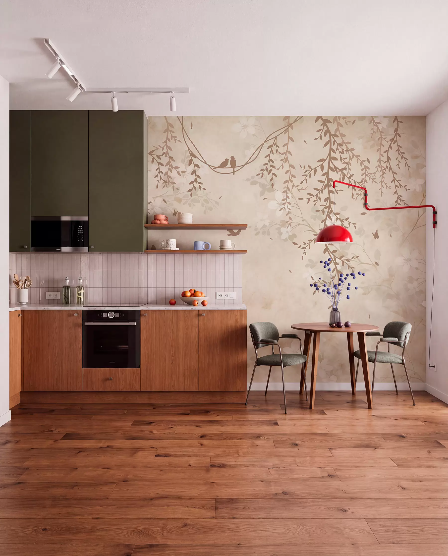 fototapeter Fugle med hængende planter og et blomstermønster i lyse beige-creme-toner w08809