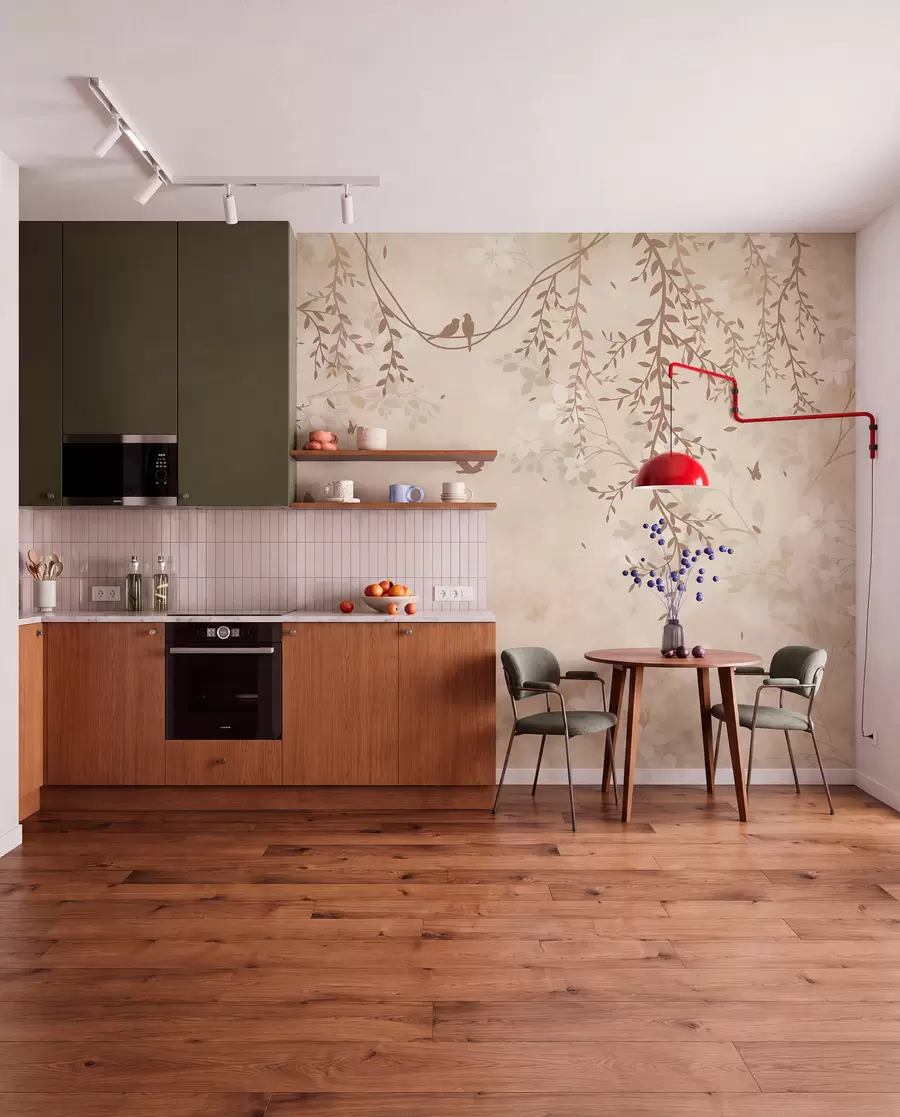 fototapeter Fugle med hængende planter og et blomstermønster i lyse beige-creme-toner w08809