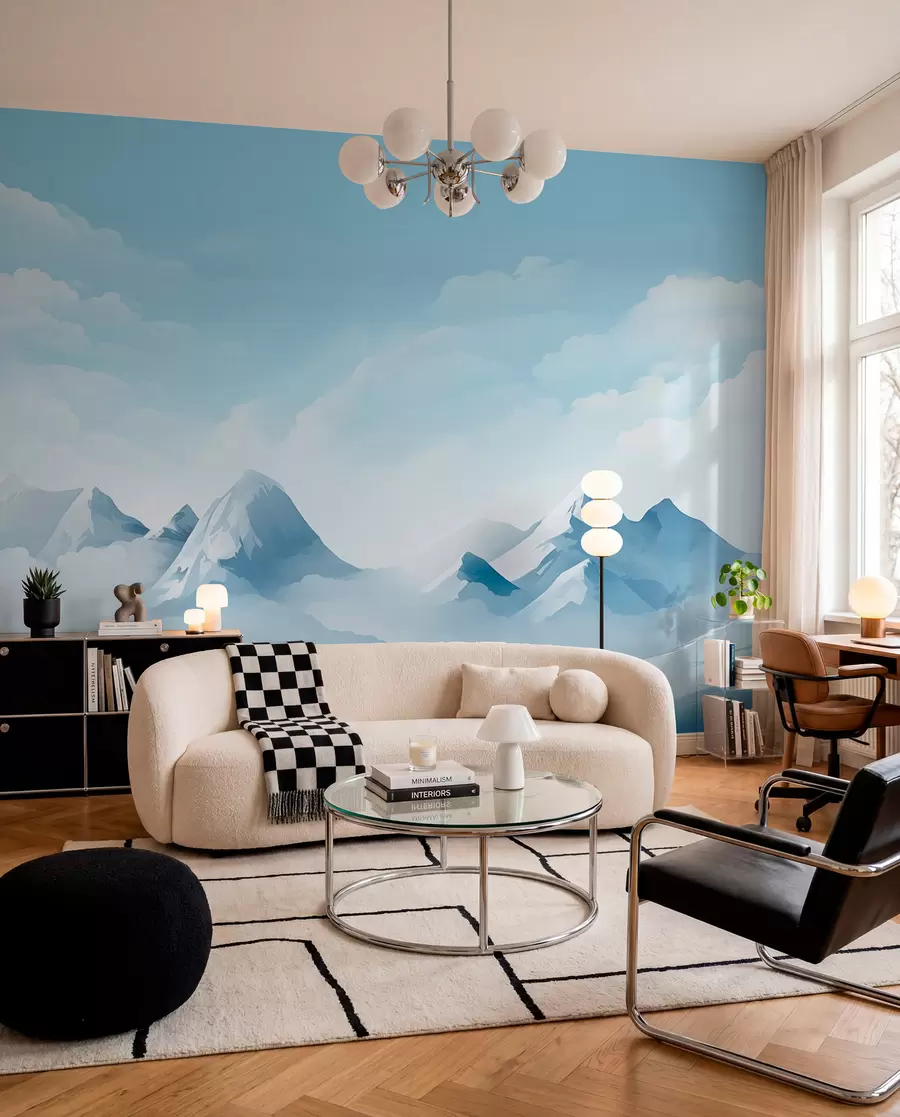 Murale Nuages bleus minimalistes et montagnes, temps glacial w08811