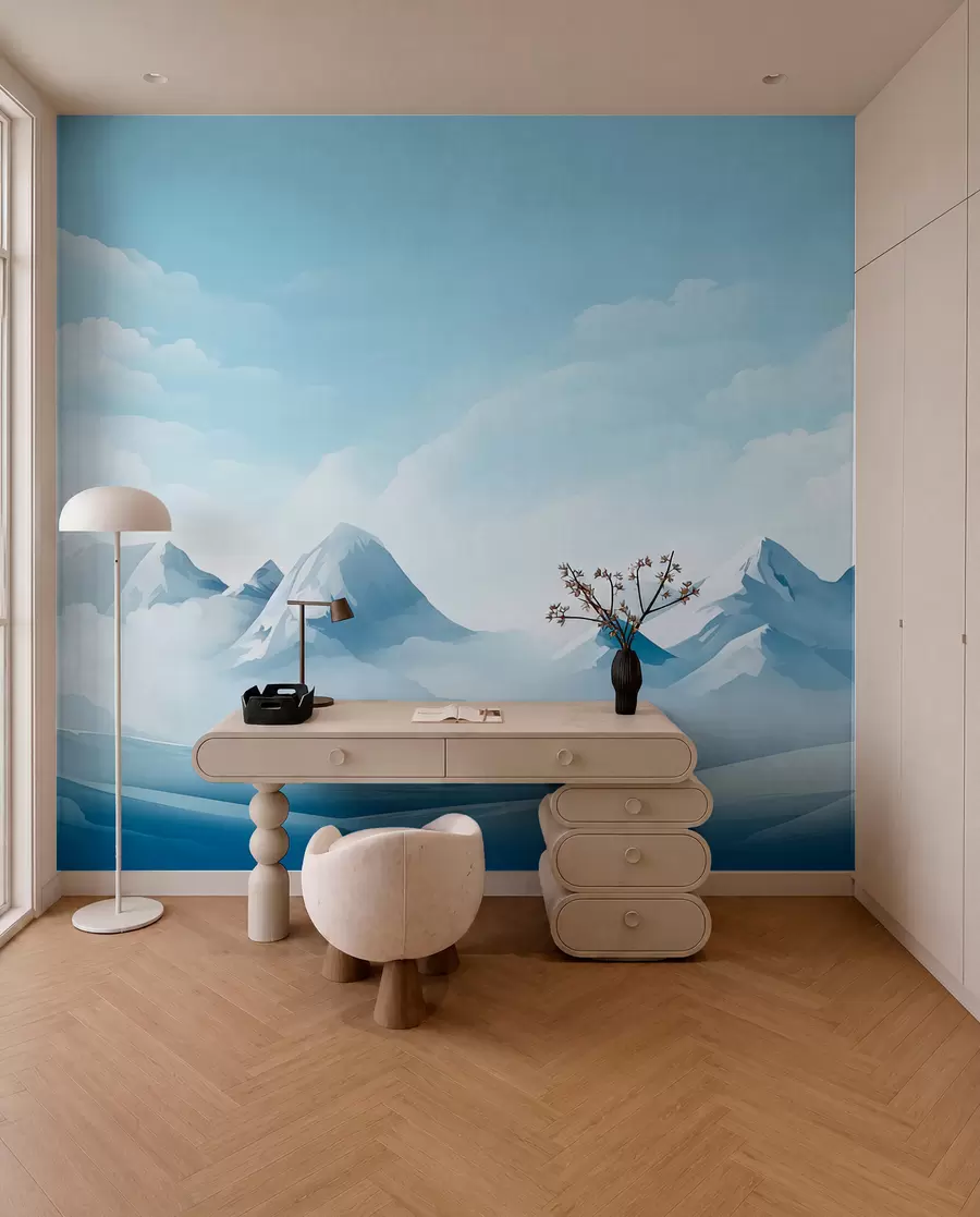 fototapeter Minimalistiske blå skyer og bjerge, iskoldt vejr w08811