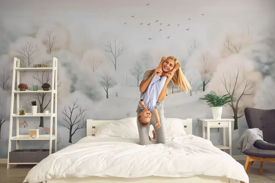 Murale Forêt d'hiver avec des arbres, des petites maisons, des oiseaux et de la neige dans un style aquarelle léger w08815