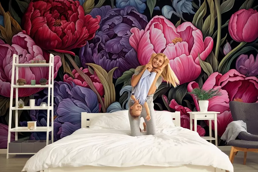 Fototapete Tulpen und Pfingstrosen im viktorianischen Stil, in rosa und lila Farben w08818