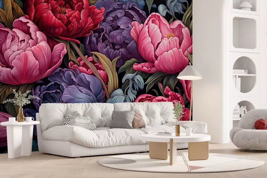 Fototapete Tulpen und Pfingstrosen im viktorianischen Stil, in rosa und lila Farben w08818