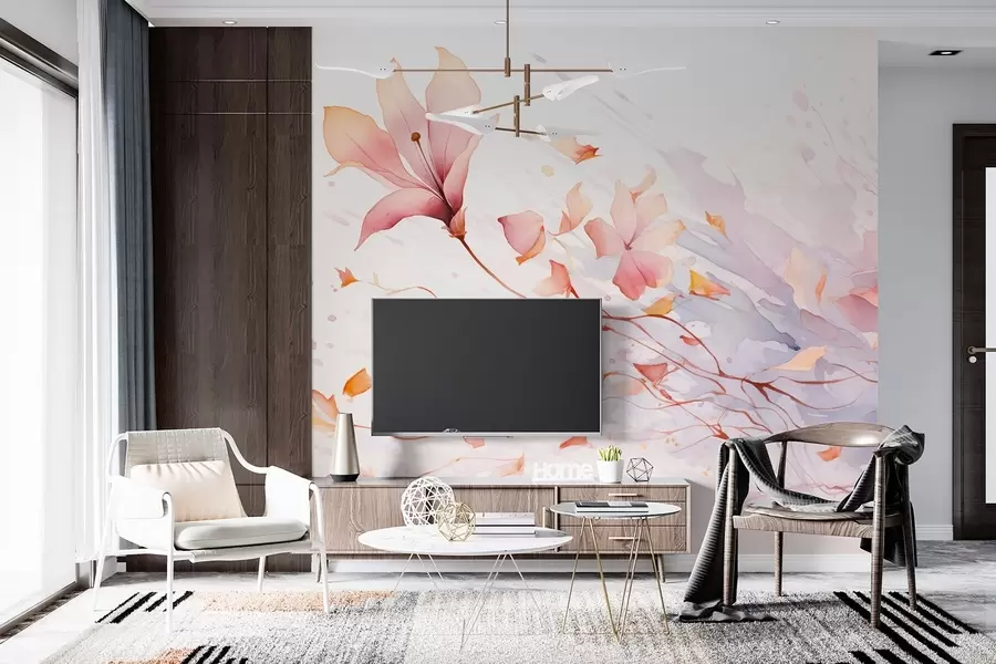 Fototapete Eine Blume mit fallenden Blütenblättern, die im Wind flattern, in einem Aquarellstil w08821