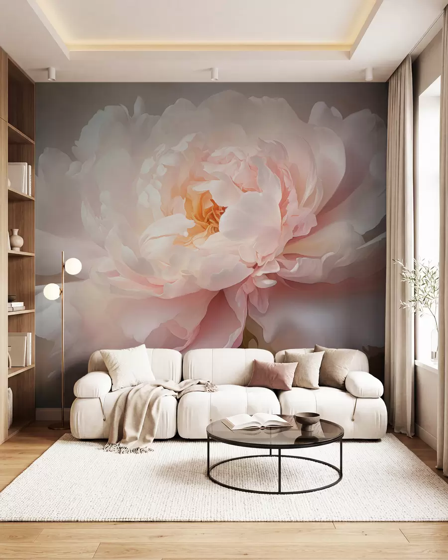 Murale Fleur de pivoine épanouie dans une palette de couleurs délicates w03247