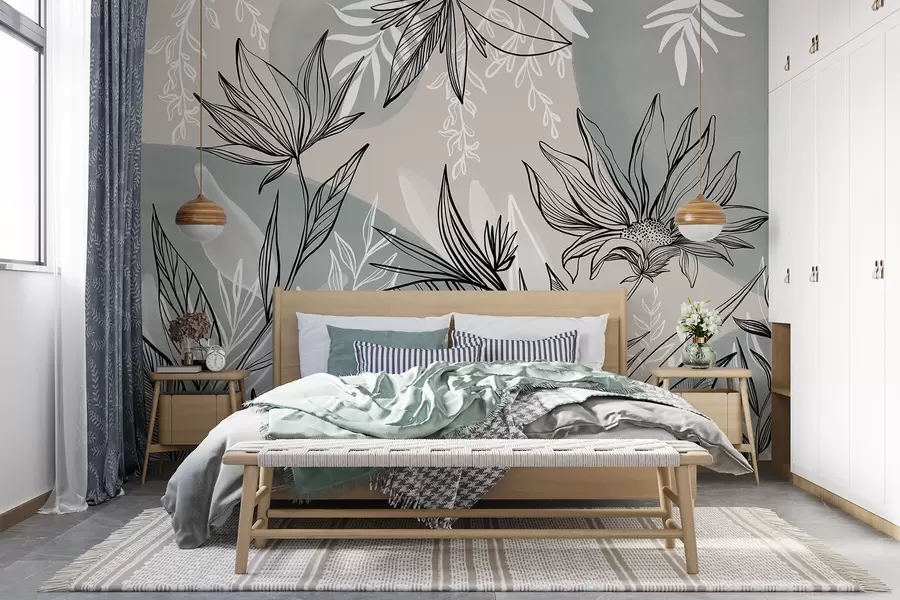 fototapeter Blomstret stregtegning med store blade og blomster på en baggrund af beige og blå akvarelfarver  w08865