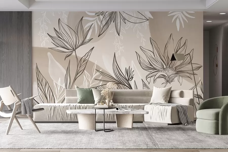 fototapeter Blomstret stregtegning med store blade og blomster på en baggrund af beige akvarelfarver  w08865v1