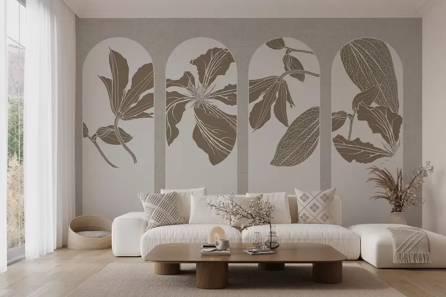 fototapeter Elegante buer med blomstermotiver i beige og hvid mod en struktureret beige baggrund, minimalistisk stil w08866