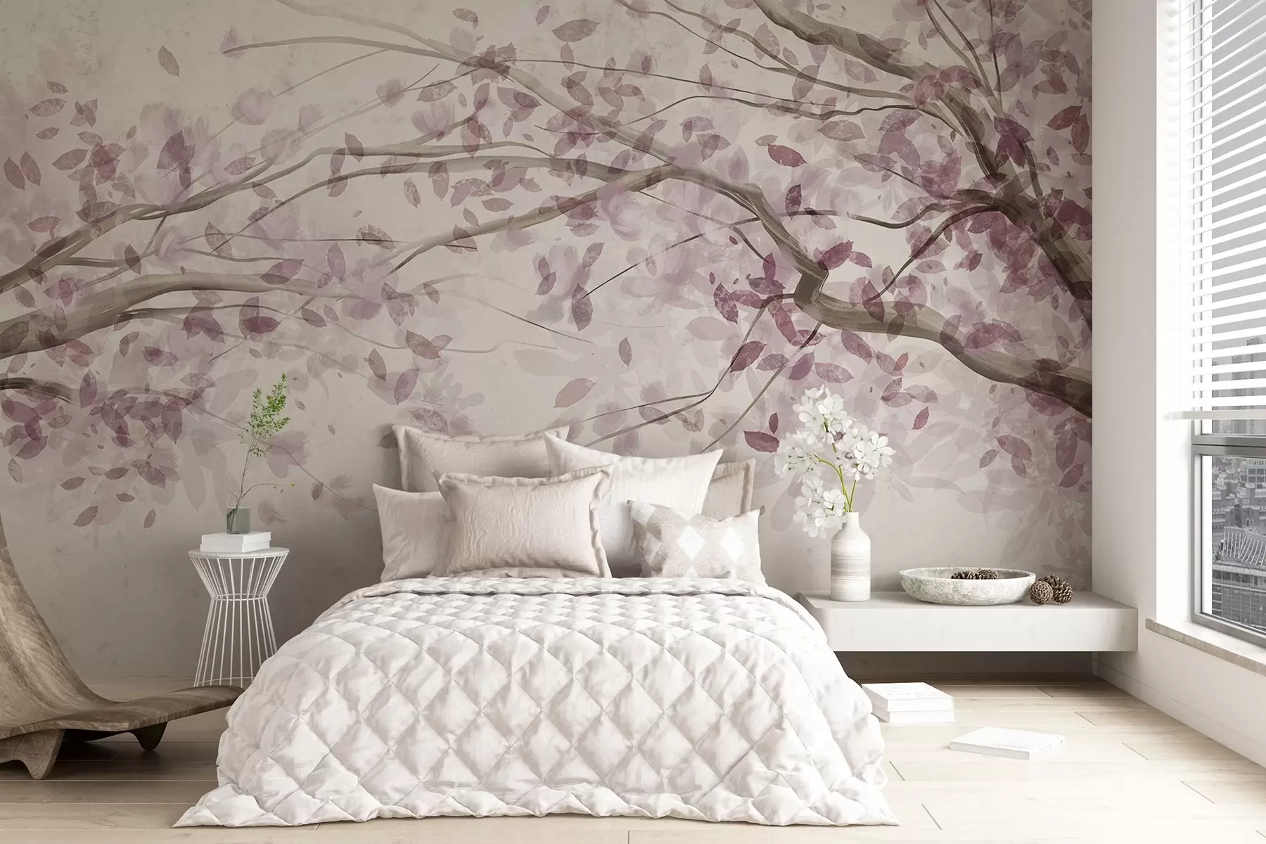 fototapeter Blomstrende grene med lyserøde blade, bløde farver, sarte detaljer, akvarelstil, mod en lys baggrund w08867