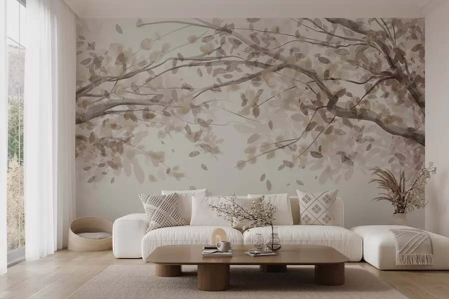 fototapeter Blomstrende grene med beige blade, bløde farver, sarte detaljer, akvarelstil, mod en lys baggrund w08867v1