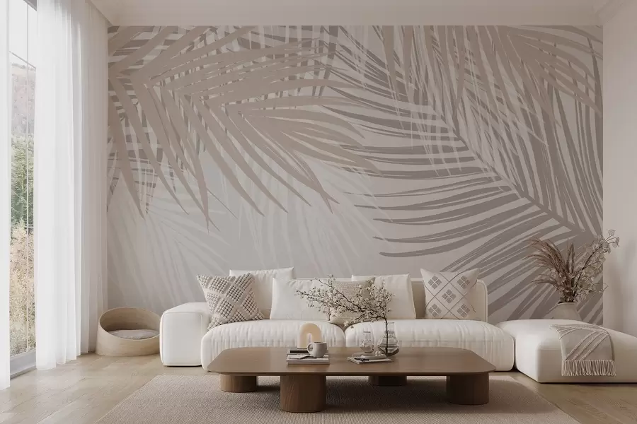 Murale Feuilles de palmier dans les tons beige clair et blanc, feuillage tropical, couleurs pastel douces, design minimaliste w08869