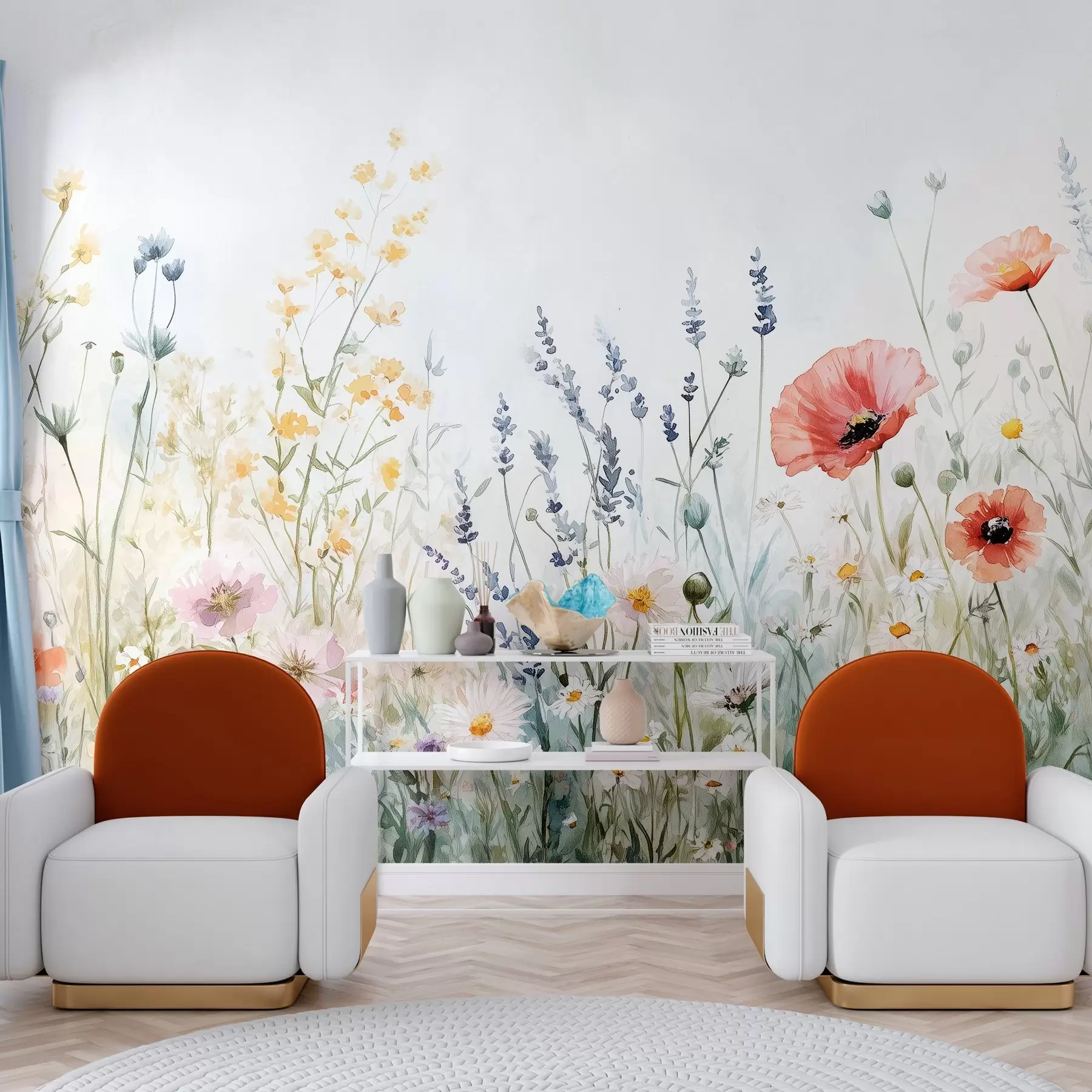 Murale fleurs sauvages et coquelicots dans la technique des traits w03281