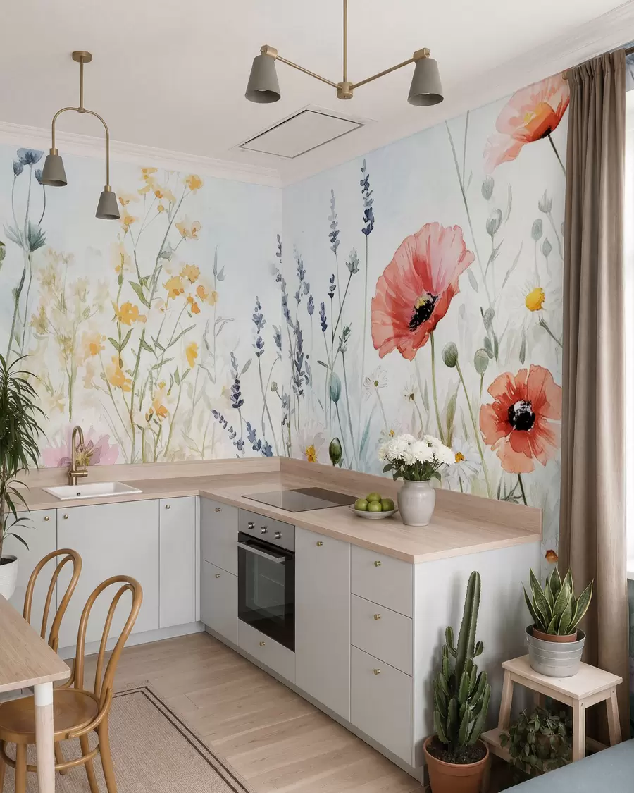 fototapeter vilde blomster og valmuer i stregernes teknik w03281