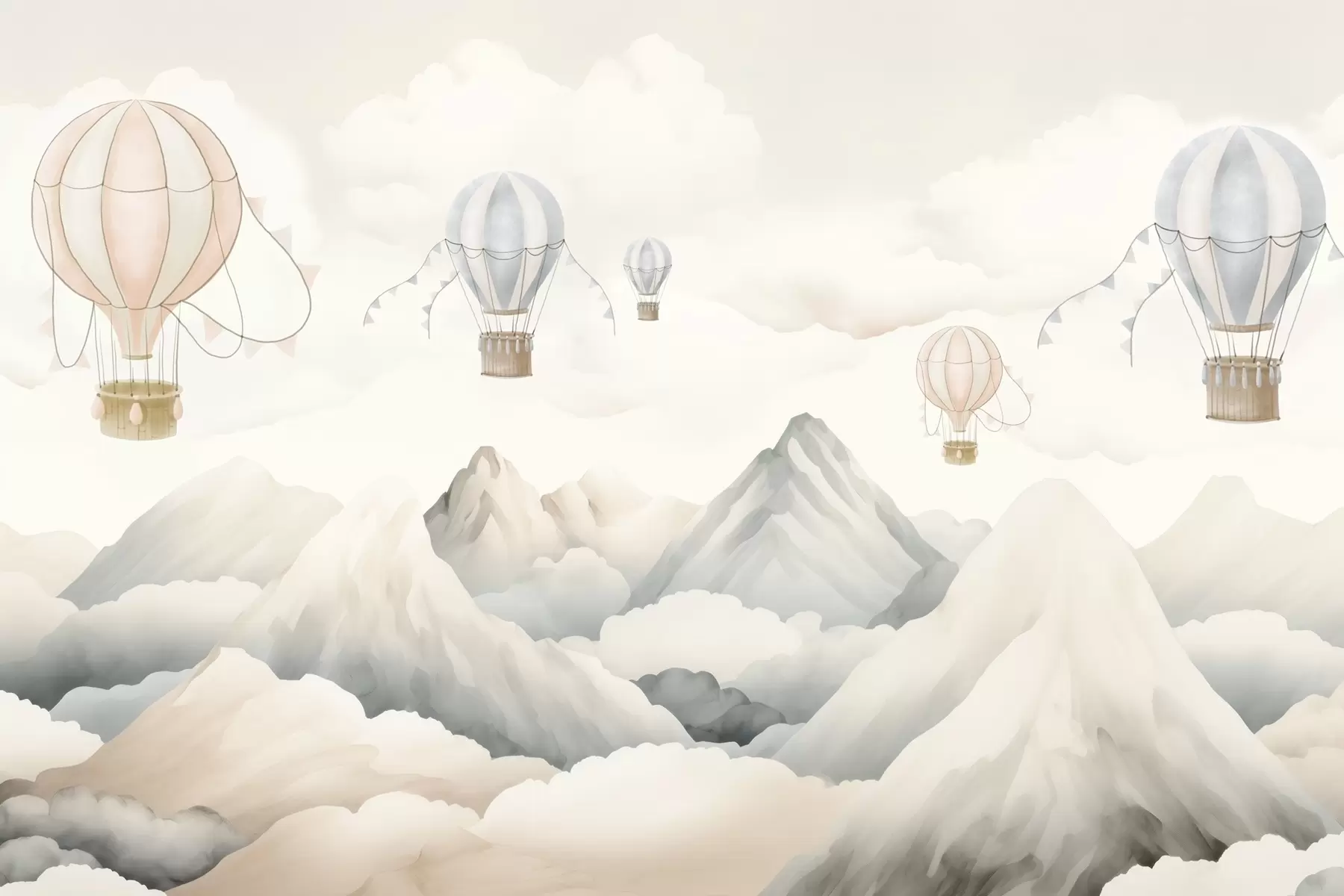 Fototapete Über den Bergen schwebende Heißluftballons in neutralen, sanften Pastelltönen w08853