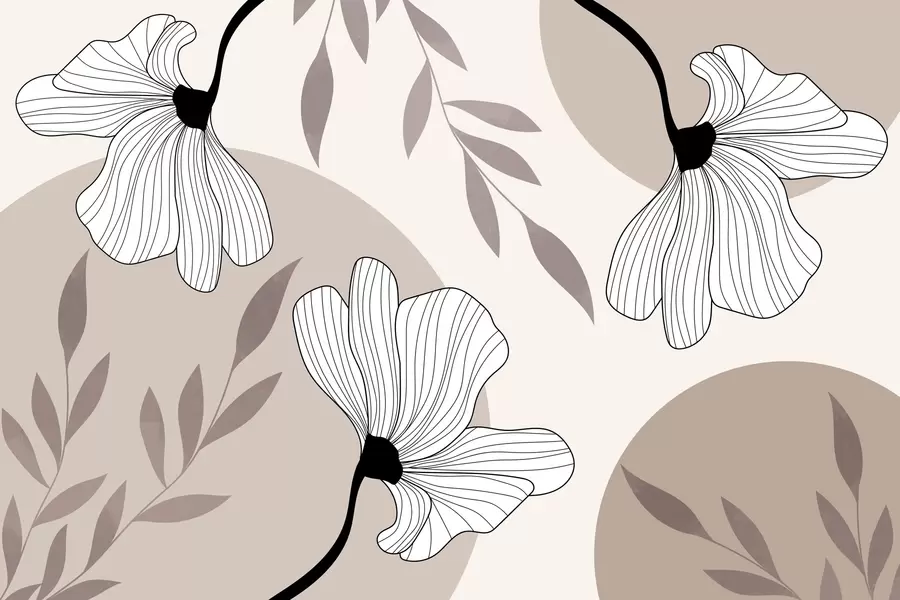 fototapeter Abstraktion med blomster og blade i beige toner w03328