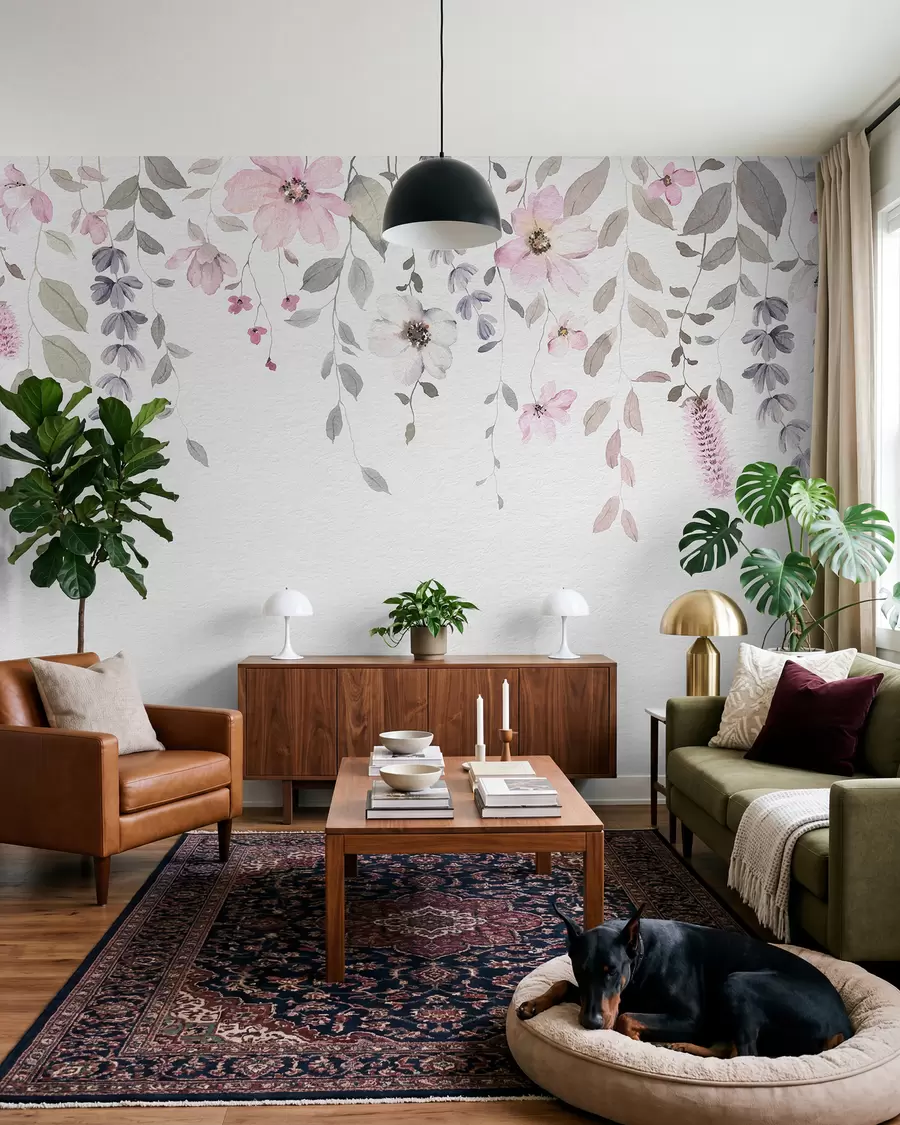 Murale Suspension de fleurs et de feuilles en aquarelle w03315