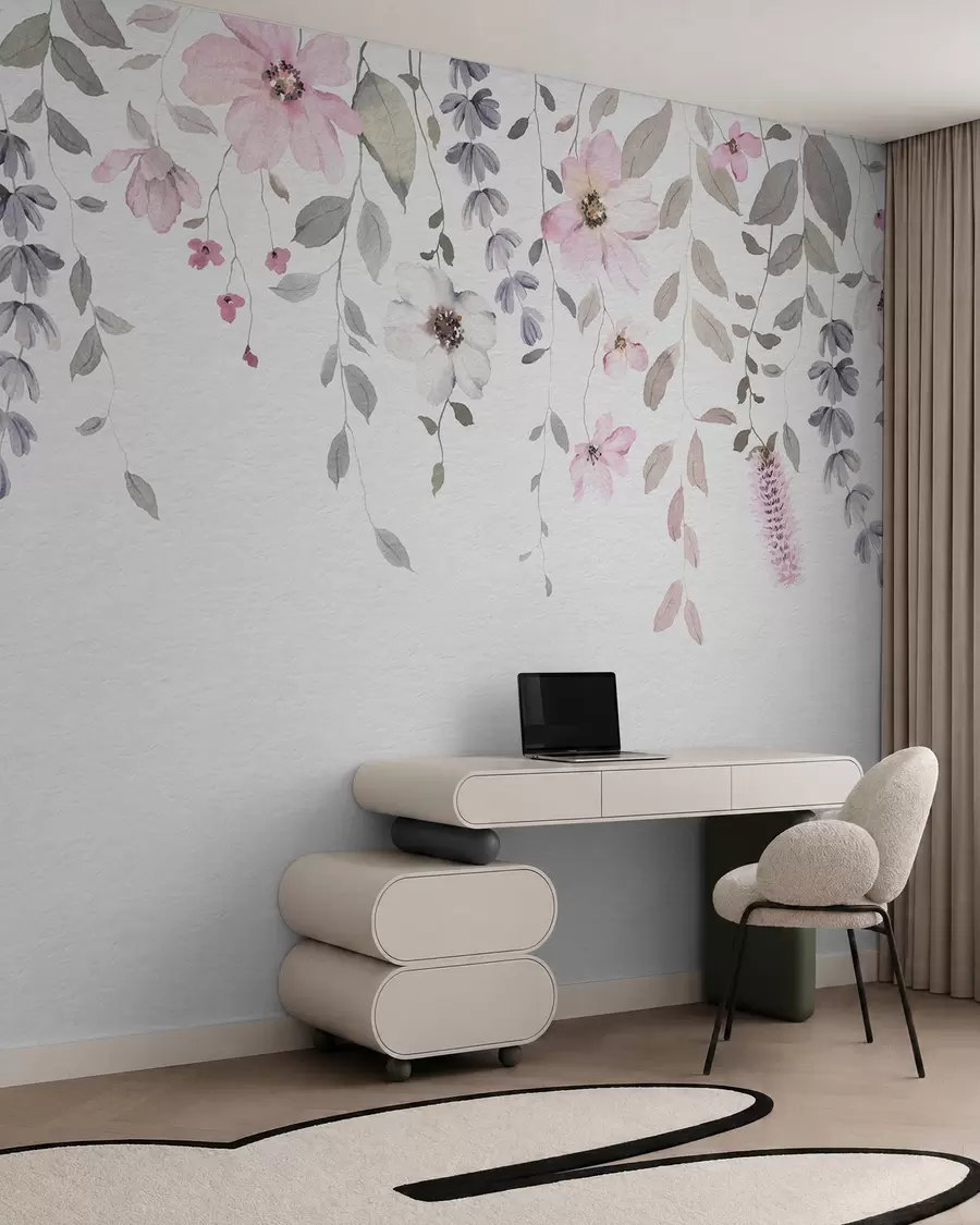 Murale Suspension de fleurs et de feuilles en aquarelle w03315