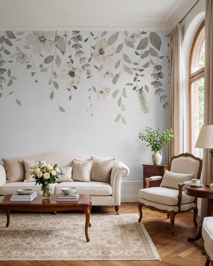 Murale Suspension de fleurs et de feuilles en aquarelle w03315v1
