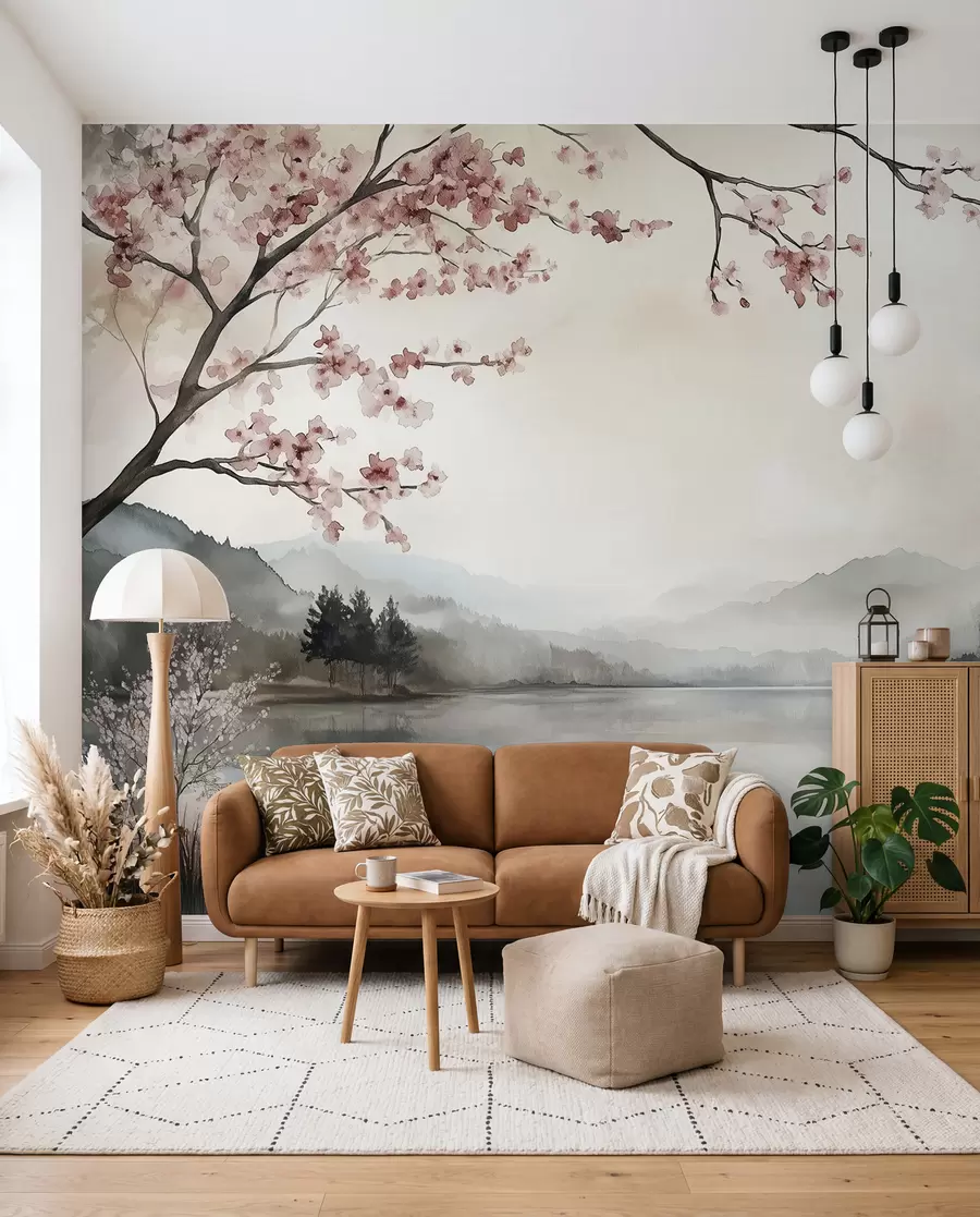 fototapeter roligt akvarellandskab med en sø og et blomstrende træ w03282