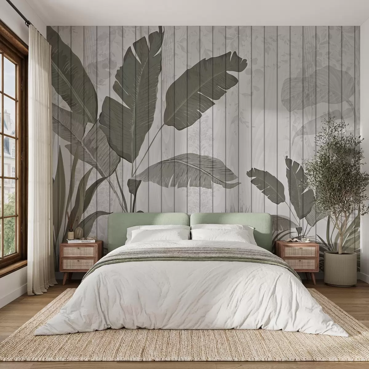 Fototapete Elegante botanische Illustration mit Bananenblättern und exotischen Pflanzen auf einem hellen, strukturierten Hintergrund w03325