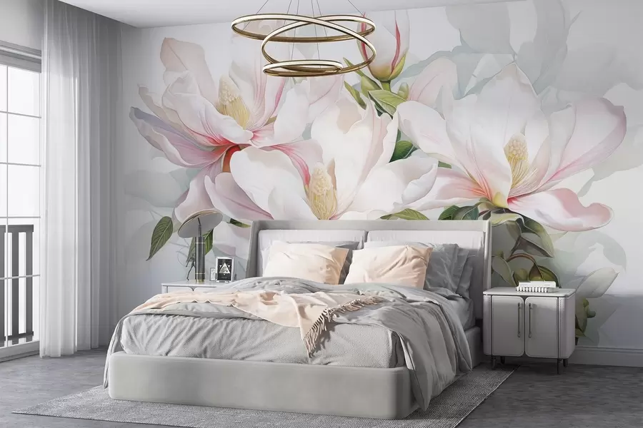 Fototapete Magnolienblüten mit weißen und rosa Blütenblättern, Blättern und braunen Zweigen, weicher und zarter Aquarellstil w08885
