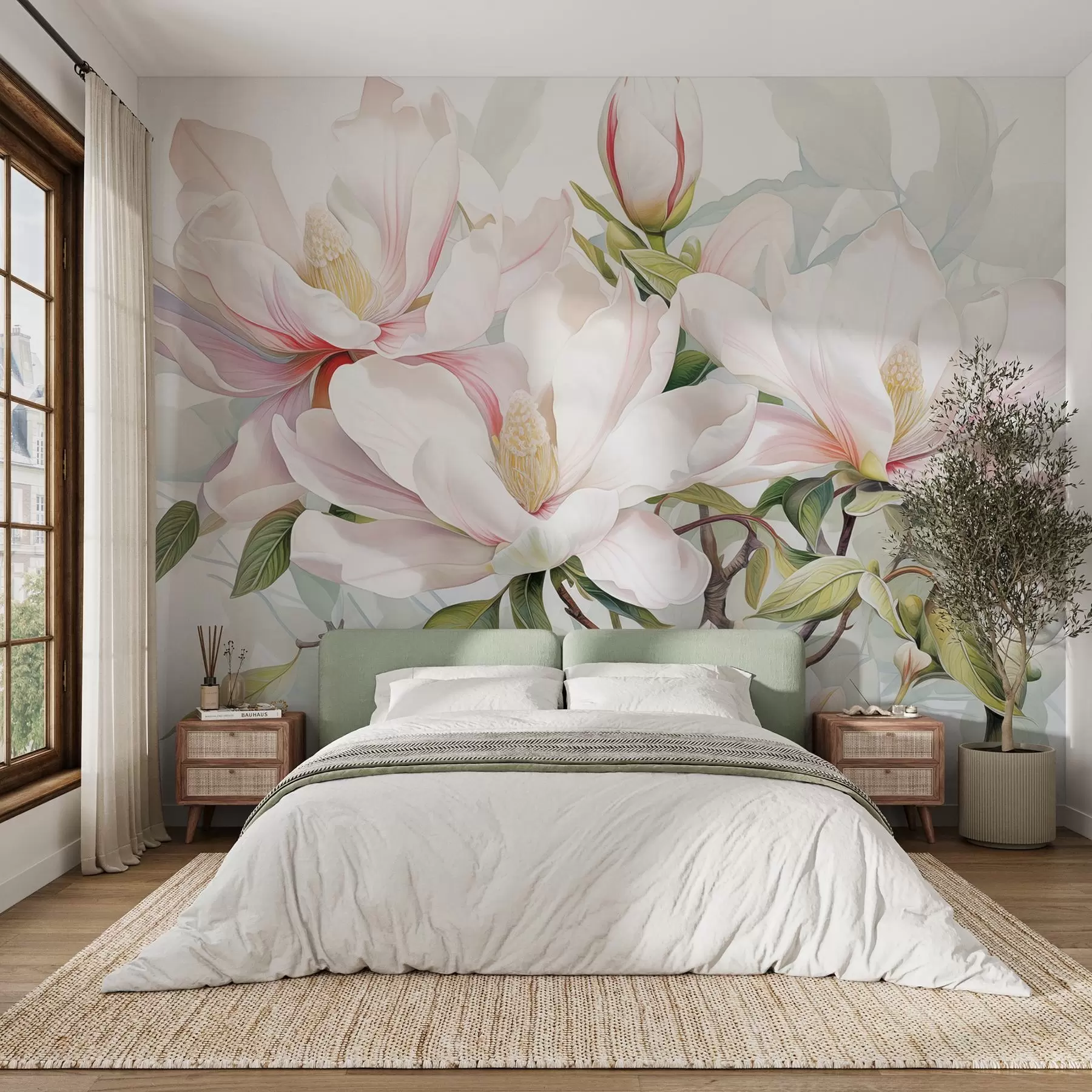 Fototapete Magnolienblüten mit weißen und rosa Blütenblättern, Blättern und braunen Zweigen, weicher und zarter Aquarellstil w08885