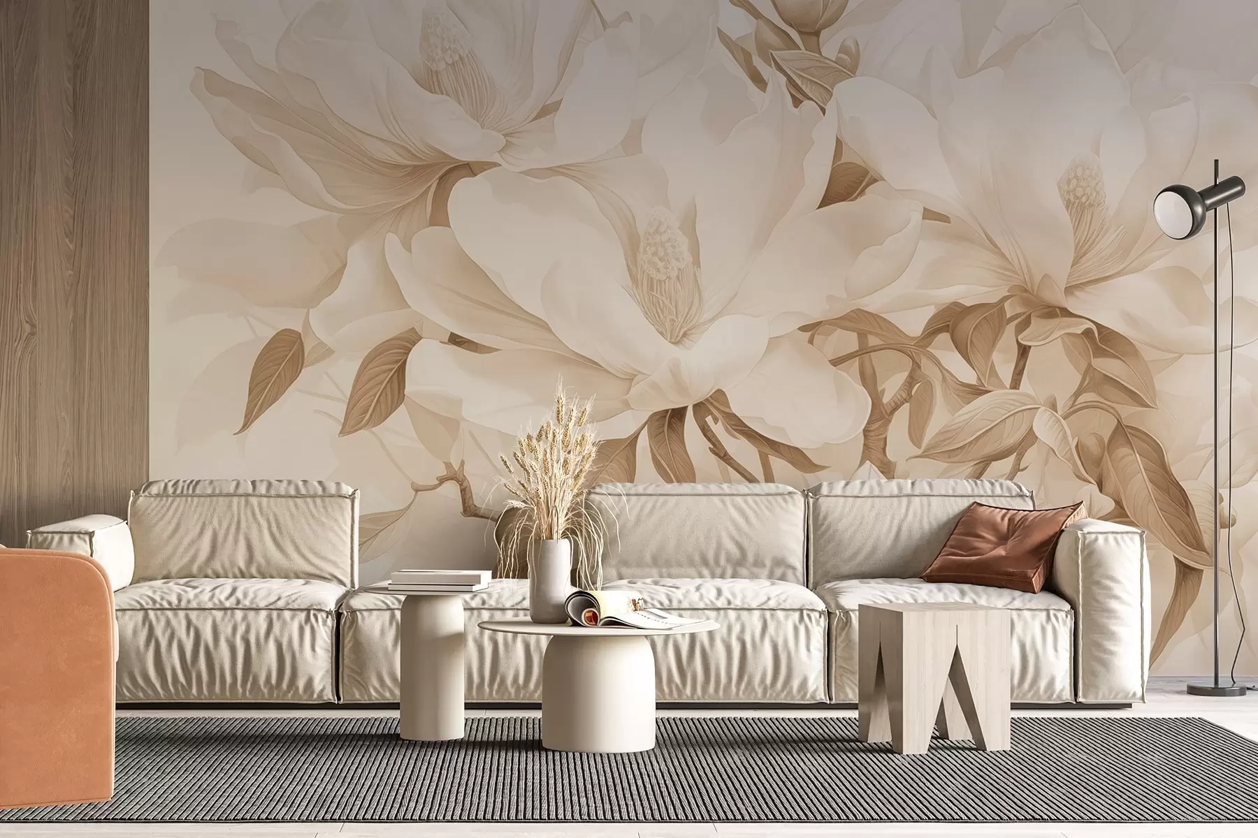 Fototapete Magnolienblüten mit weißen und beigen Blütenblättern, Blättern und braunen Zweigen, weicher und zarter Aquarellstil w08886