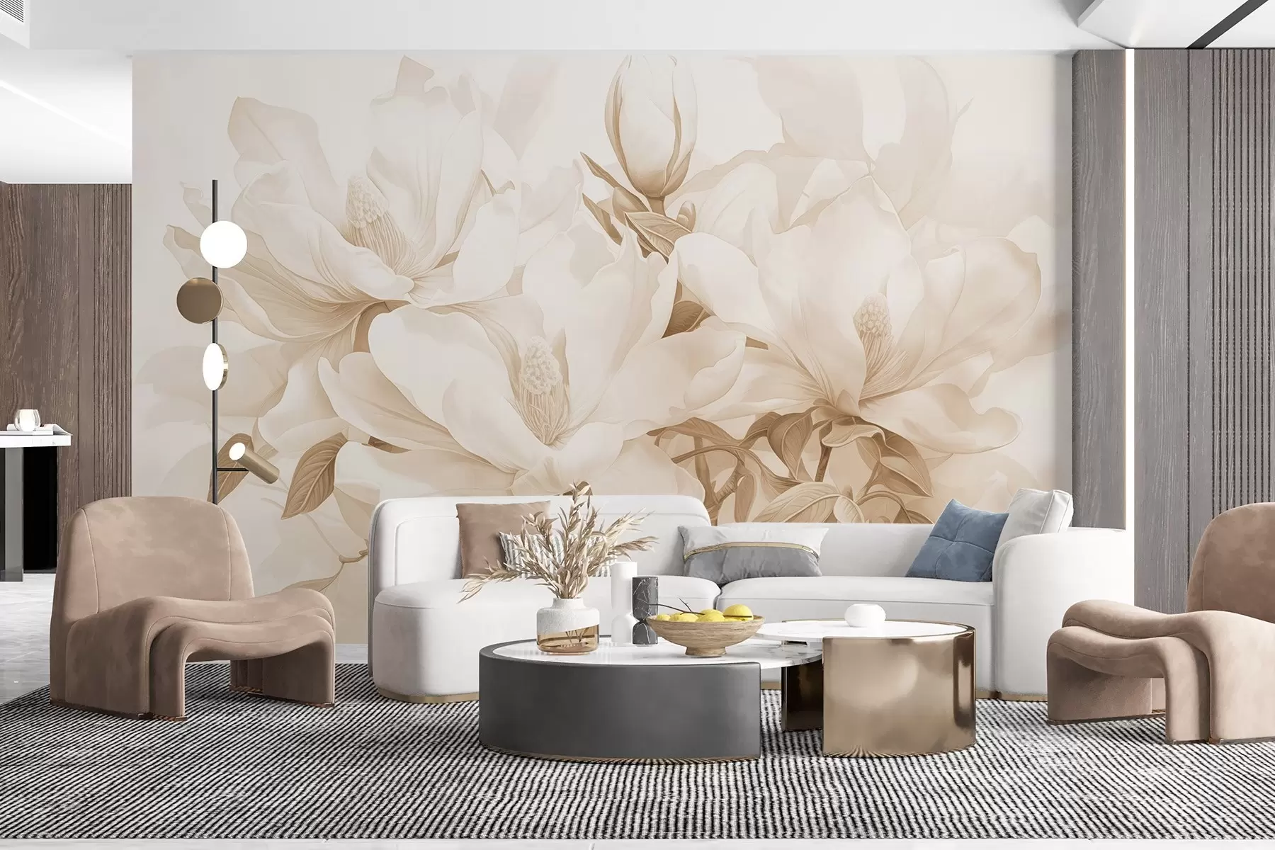 Fototapete Magnolienblüten mit weißen und beigen Blütenblättern, Blättern und braunen Zweigen, weicher und zarter Aquarellstil w08886