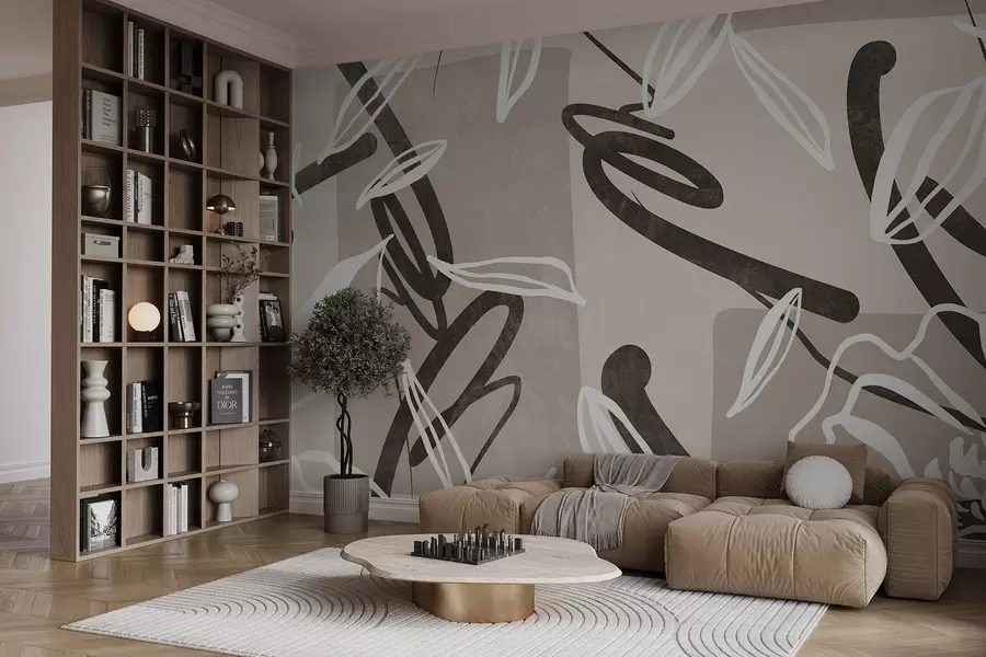 Fototapete Abstraktes, strukturiertes, modernes und minimalistisches Design mit floralen Elementen in einer neutralen beigen Farbpalette w08888