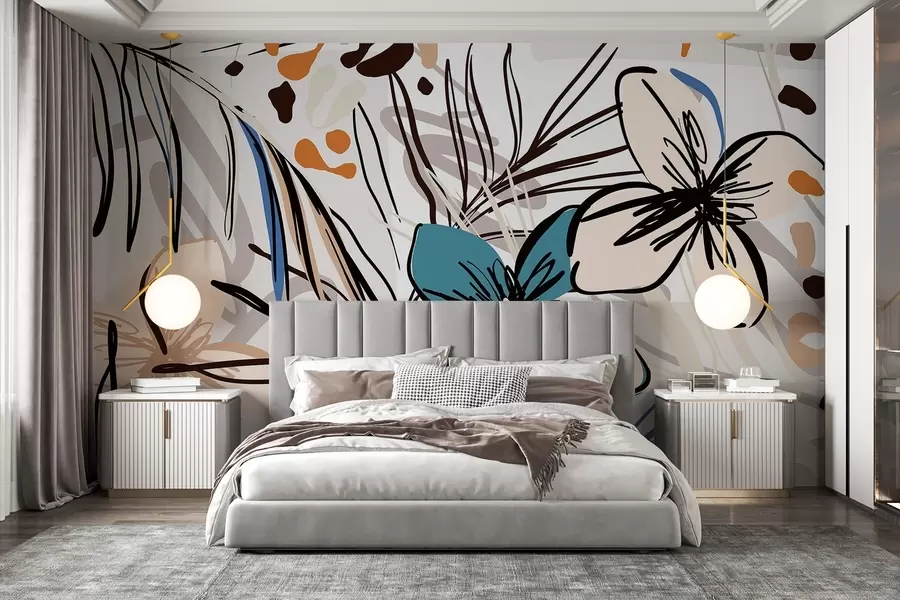 Fototapete Moderner abstrakter Druck mit tropischen Palmenblättern, blauen und beigen Blumen, schwarzen Linien, hellem Hintergrund w08889