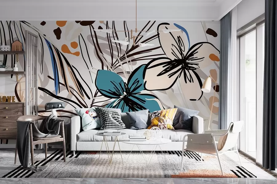 Fototapete Moderner abstrakter Druck mit tropischen Palmenblättern, blauen und beigen Blumen, schwarzen Linien, hellem Hintergrund w08889