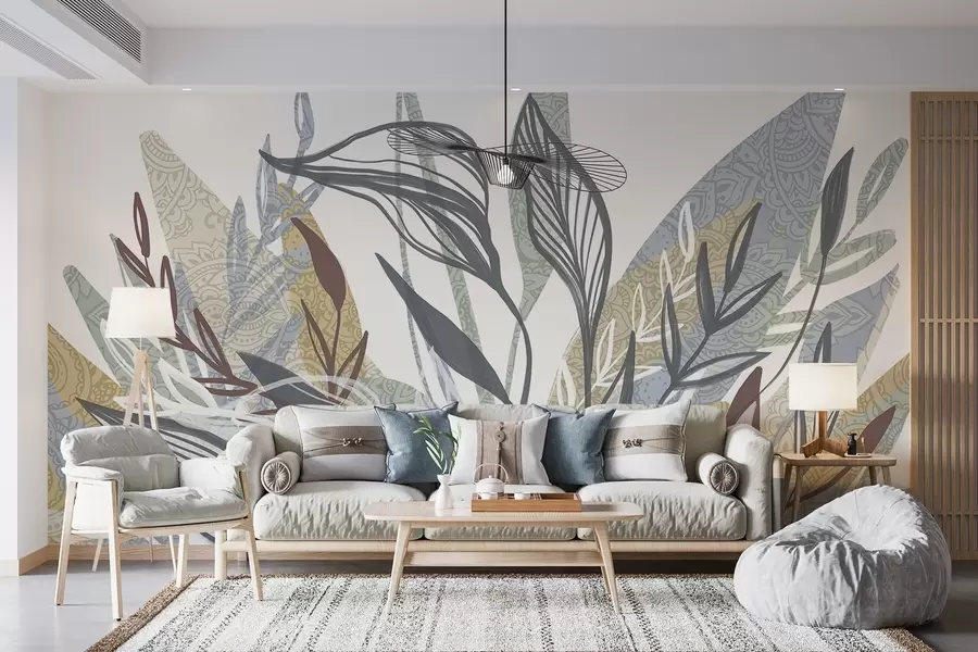 Fototapete Eine Sammlung von Blättern in verschiedenen Farben und Größen, einige mit Strichzeichnungen, auf einem weißen Hintergrund w08893