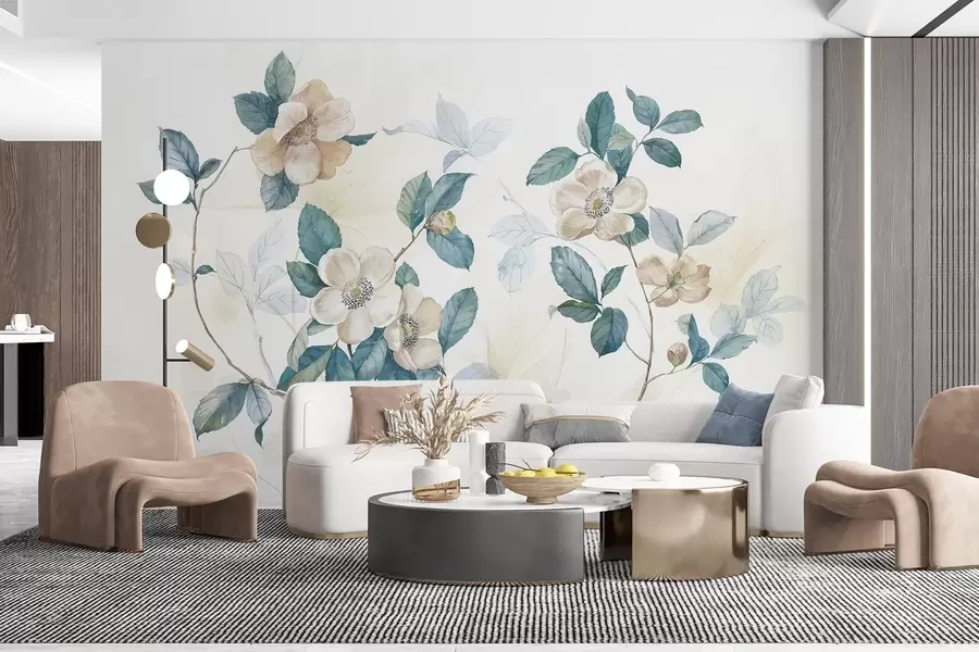 Fototapete Blumen in zartem Aquarellstil mit weißen und beigen Blütenblättern und grünen Blättern auf einem Zweig, heller Hintergrund w08895