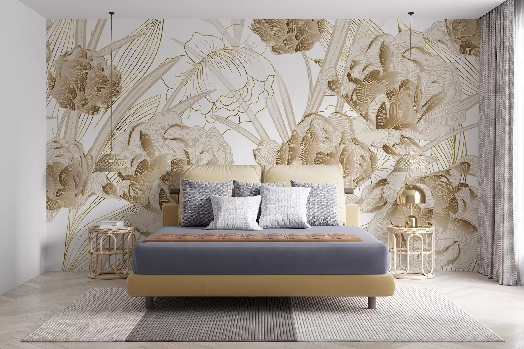 Fototapete Beige Pfingstrosen mit Blättern auf weißem Hintergrund, florales Design, botanische Illustration w08897