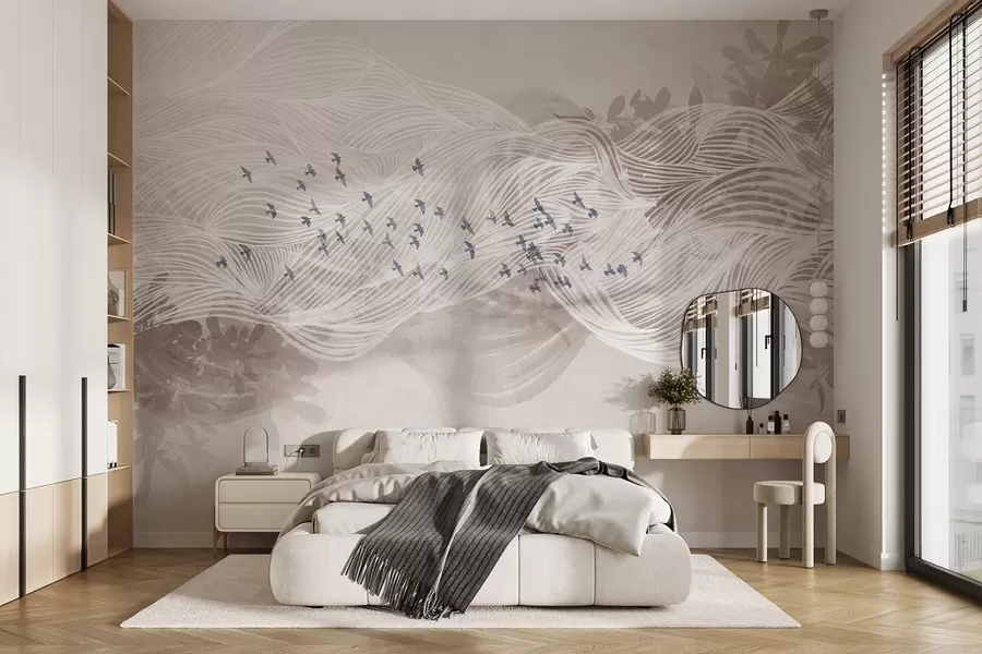 fototapeter Fugleflok, der flyver over abstrakt linjekunstlandskab med teksturerede beige bølger, bløde farver, minimalistisk design  w08898