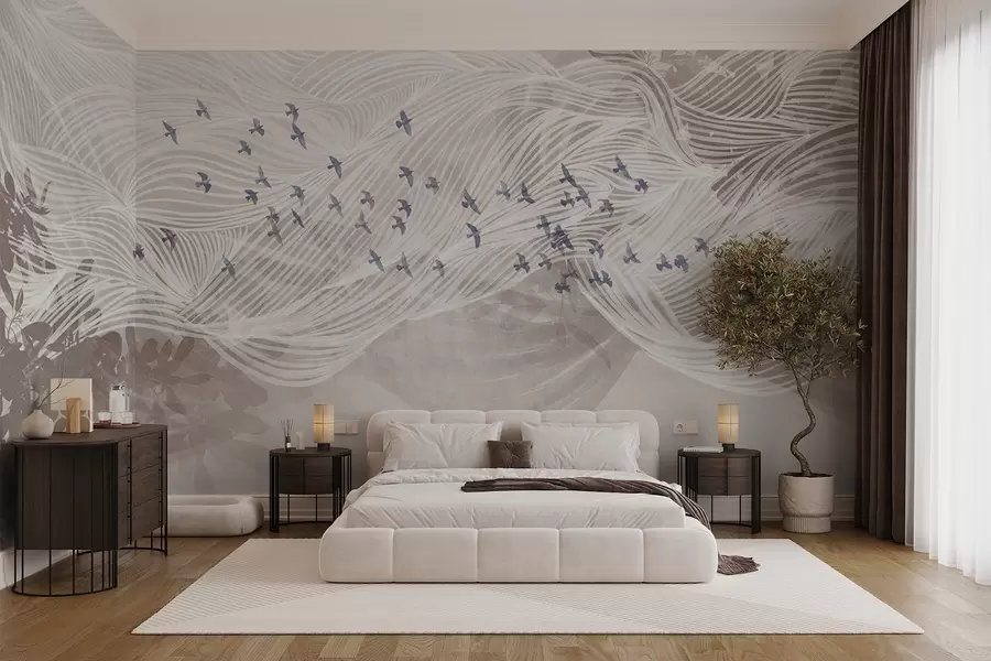 Fototapete Vogelschwarm fliegen über abstrakte Linie Kunst Landschaft texturiert beige Wellen, weiche Farben, minimalistisches Design w08898