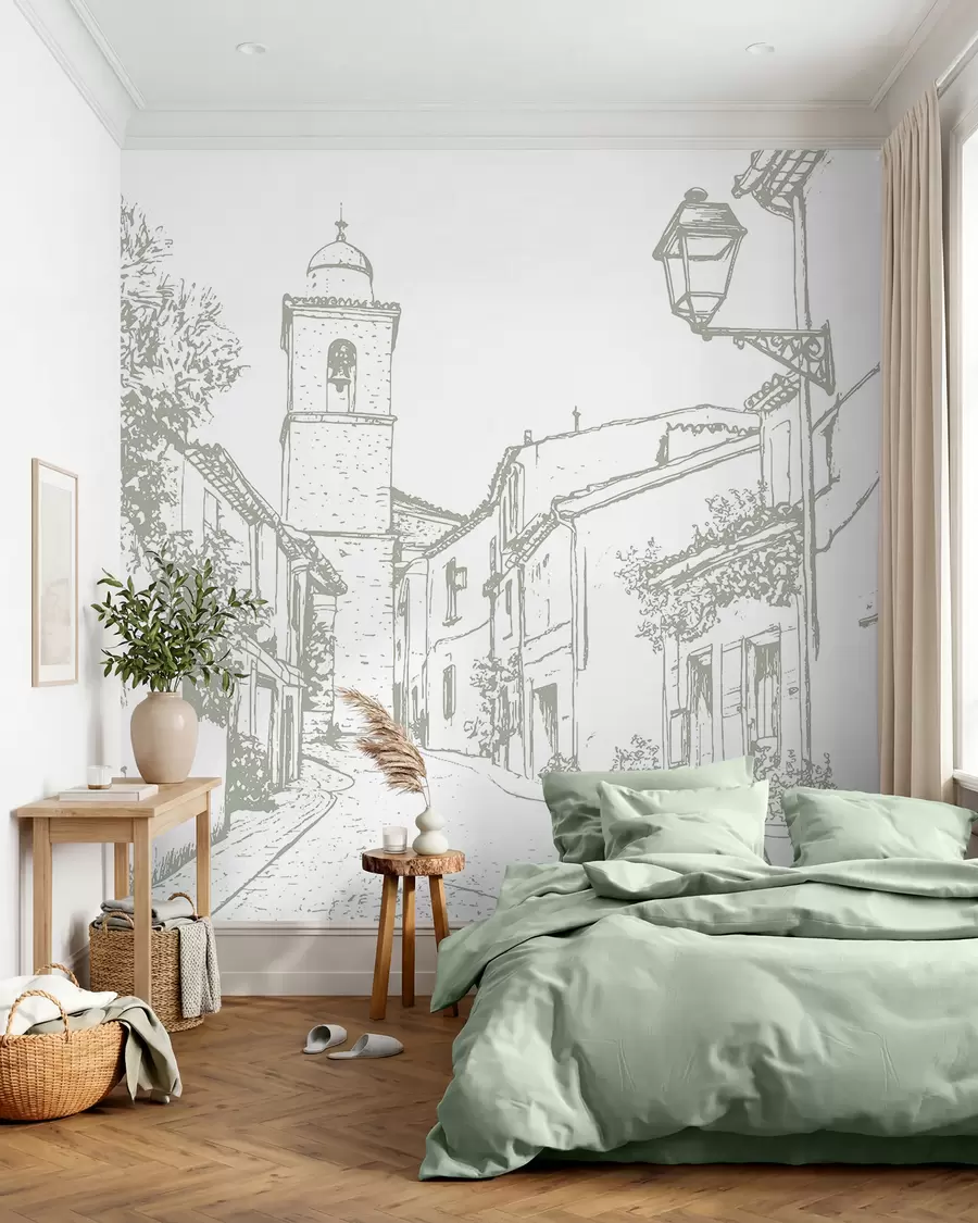 Murale Rue de la ville, belle architecture, bâtiments, Méditerranée, dessin au trait, couleur olive w03345