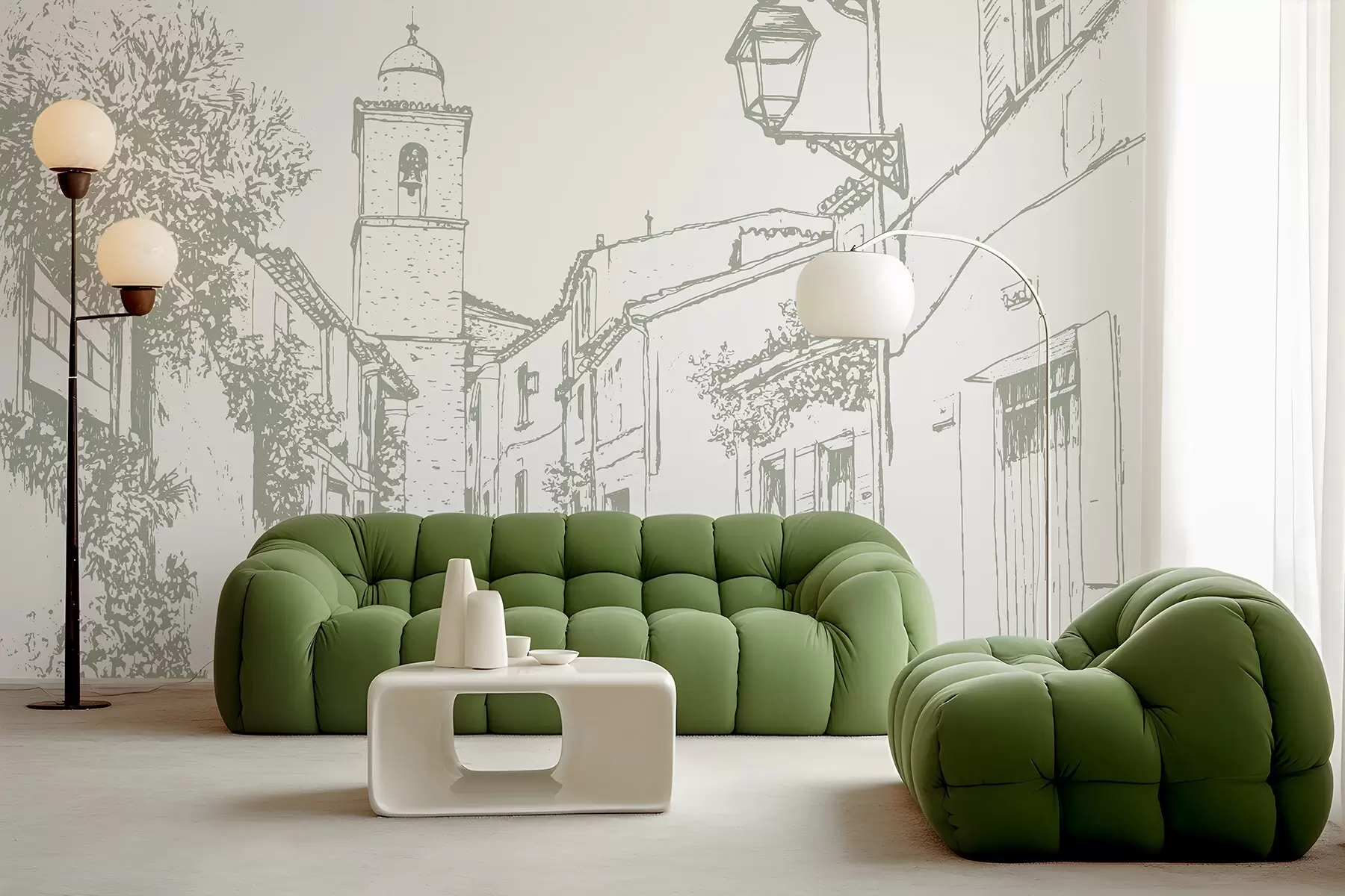 Fototapete Stadt Straße, schöne Architektur, Gebäude, Mittelmeer, Strichzeichnung, Olivenfarbe w03345