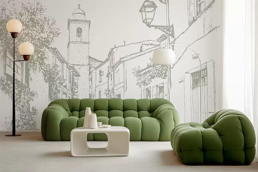 Fototapete Stadt Straße, schöne Architektur, Gebäude, Mittelmeer, Strichzeichnung, Olivenfarbe w03345